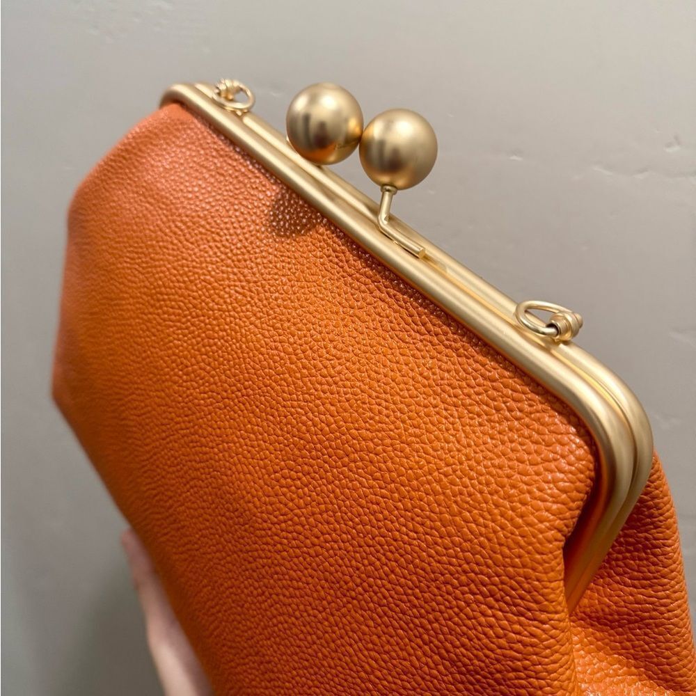 Orange Pebble Leather Handmade Vintage Style Extra Large Kisslock Frame Bag - Picture 12 of 16
